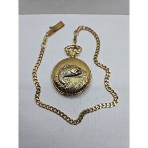 Details Gold Tone Bass Fish Pocket Watch Quartz Japan Movement New Battery Chain